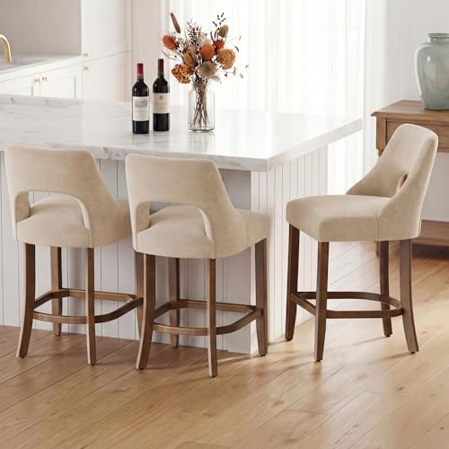 Image of UVV Bar Stools Set of 3, Upholstered Counter Height Bar Stools, Modern Counter Stools with Wood Legs for Kitchen Island Dining Room Bar, Beige