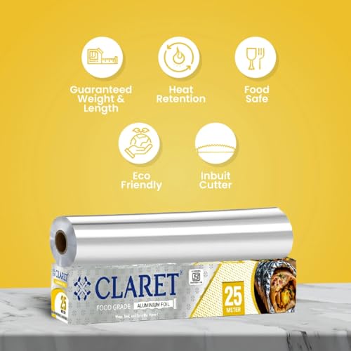 Image of Claret Aluminium Foil 25 Meter | Food-Grade, Extra Strong & Durable | Retains Freshness & Keeps Food Warm | Ideal for Wrapping, Baking, Grilling & Storing Food (Pack of 5)