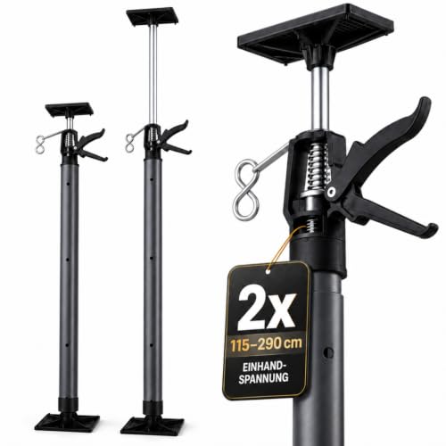 MAUK® Profi Tür Zargenspanner Einhandstütze Montagestütze Deckenstütze Teleskopstütze | 2er Set, höhenverstellbar | 115-290 cm/bis 30 kg - Grau | Stütze für Katzennetz/Tiernetz