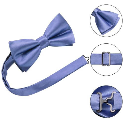 Image of Hi-Tie 5Pcs Mens Solid Color Silk Tie Satin Pretied Bowtie Lapel Pin for Men Handkerchief Cufflink Wedding Gift Box