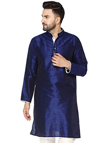 Image of Men's Art Silk Woven Design Long Kurta Mandarin Collar Straight Shirt