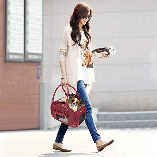 PetsHome Dog Carrier Purse, Pet Carrier, Cat Carrier, Foldable Waterproof Premium Leather Pet Travel Portable Bag Carrier for Cat and Small Dog Home& Outdoor Wine Red