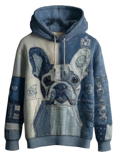 French Bulldog Vintage Patchwork Denim Dog 3D Print Art Casual Hoodie Women Stand Against Animal Abuse Shirt Womens Crew Neck Cute Funny Tops Long Sleeve