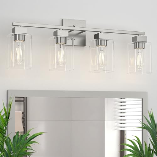 Image of 4 Light Bathroom Vanity Light - Brush Nickel Matte Vanity Lights Square Design & UL Certification & Square 26 inch Silver Bathroom Lights Fixture Over Mirror, Brush Nickel Light for Bedroom