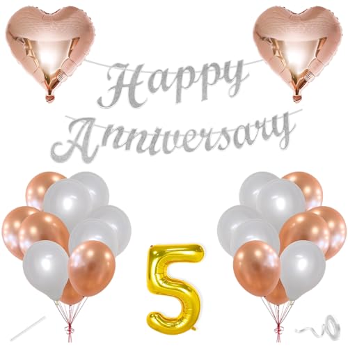 Image of Flyloons 5th Happy Anniversary Decoration Items Rose Gold White for Men Women Husband Wife Mom Dad Parent Couple Home Bedroom Car With 20 Pcs Metallic Balloons Anniversary Banner 2 Pcs Heart Set Kit