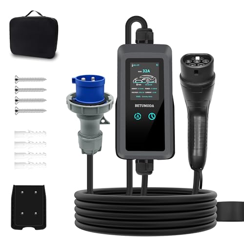 Cable de carga tipo 2 para coche eléctrico, color azul, CEE 32 A a tipo 2 (8 A-32 A, 7 m, 1 fase), IP65 Mobile Wallbox CEE con 8 A-32 A ajustable y...