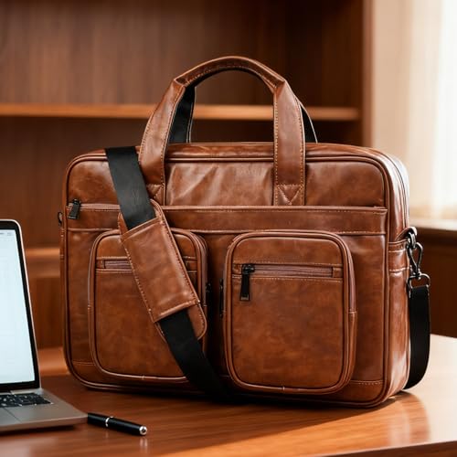 Image of MOCA PU Leather Laptop Bag for Men & Women | Office Briefcase | Multi-Pocket Messenger Bag | Fits 15.6 Inch Laptop | Adjustable Shoulder Strap