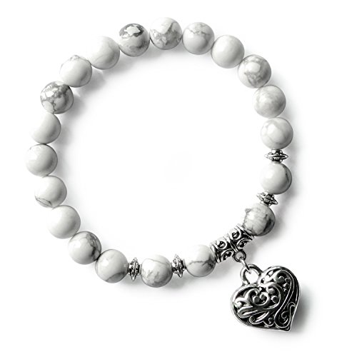 White Howlite Healing Stone Beads Stretch Bracelet for Women Girls Love Heart Charm Beaded Bracelet