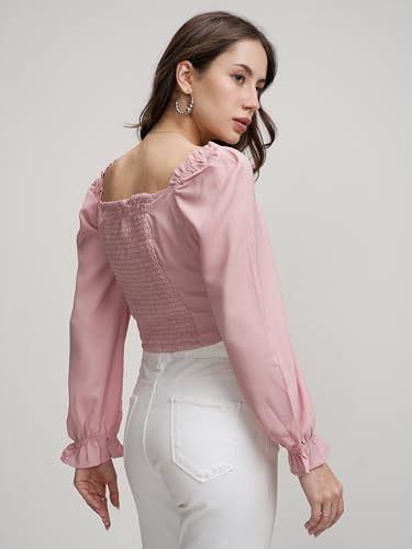 Image of Tokyo Talkies Women's Square Neck Ruched Crop Top | Puff Sleeves | Chic & Flattering | Perfect for Casual & Dressy Outings | Tops for Woman | Women Tops | Stylish Top