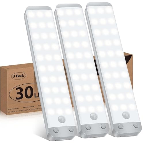 Under Cabinet Lighting Closet Light 30 LEDs 3 Packs, Wireless Rechargeable Cabinet Lights, Magnetic Under Counter Lighting, LED Motion Sensor Night Light for Closet Cabinet Wardrobe Stairs (White)