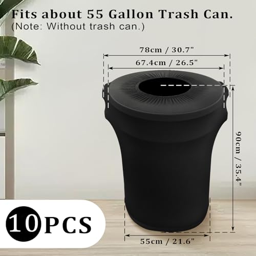 Image of BSTKEY 55 Gallon Stretch Spandex Trash Can Cover, 10 Pack Outdoor Fitted Waste Container Cover Round Garbage Can Covers for Wedding Party Commercial Fundraiser Decor, Without Trash Can (Black)