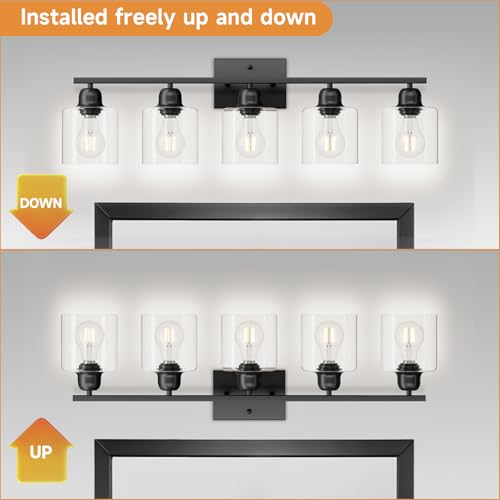 Image of Modern 5 Light Bathroom Vanity Light, 31 inch Black Bathroom Lights Fixtures, Vanity Lights with Clear Glass for Mirror Kitchen Living Room Hallway Cabinet Porch