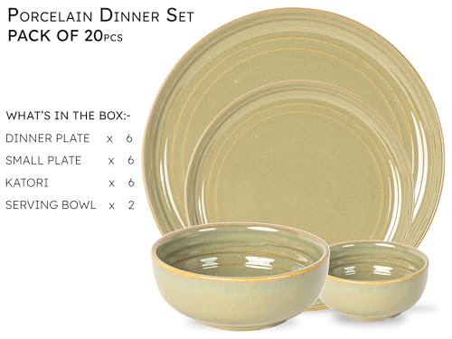 Image of Bodhi House Handcrafted Chip Resistance Porcelain Dinner Set, 20 Pieces Dish Set Serving for 6, Microwave and Dishwasher Safe, Bone-ash Free, Crockery Set for Dining and Gifting, Olive Green