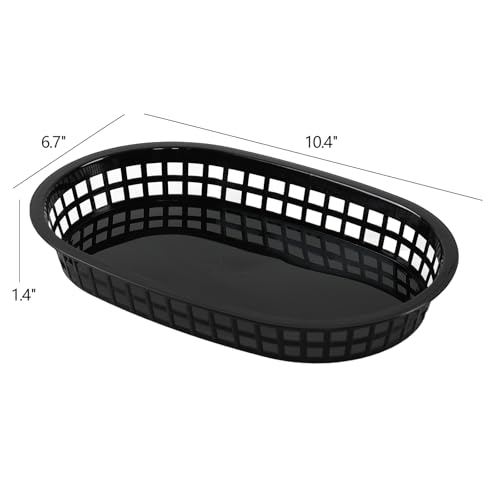 CadineUS 24 Pack Plastic Oval Shaped Fast Food Baskets, Black Deli Food Service Basket Tray