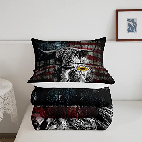 Image of Feelyou Highland Cattle Bedding Set Sunflower Highland Cow Comforter Set for Kids Boys Girls America Flag Bull Comforter Animal Quilt Set 1 Comforter Set with 2 Pillowcases Full Size