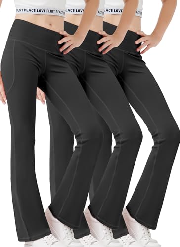 Girls Flare Leggings Bootcut Yoga Pants for Youth with Pocket Bell Bottom High Waist Athletic Workout Tights 3 Pack