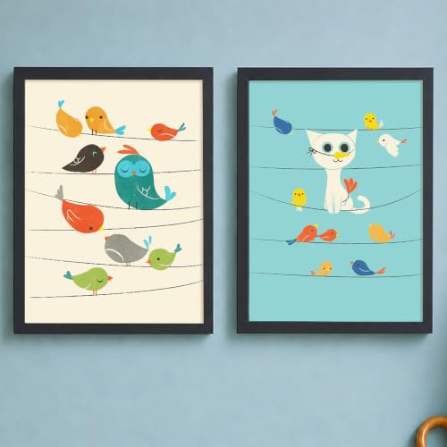 Image of PAINTINGMANTRA Birds & Cat Cartoon Wall Art Painting for Kids Room, Animal Framed Painting for Living Room, Playroom, kids room decoration items, Set of 2, 9x13 Inch