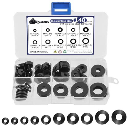 Große Unterlegscheiben Set 140 Stück, schwarze Edelstahl Unterlegscheiben, 10 Größen für Beilagscheiben Set M3, M4, M5, M6, M8, M10, M12, Karosseriescheiben für Reparaturen