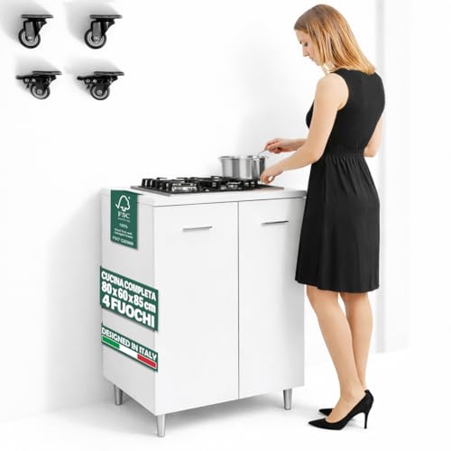 Shally Dogan Mobile Cucina Base 80 x 60 x 85 cm con Piano Cottura a gas 4 Fuochi, Piastre in Ghisa Resistenti, Montaggio con Piedini Fissi o Ruote, Kit completo monoblocco, Colore Bianco