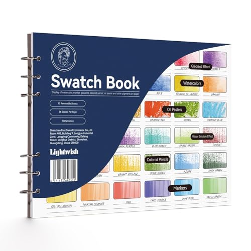  Lightwish Blocco da disegno ad acquerello, 12 fogli rimovibili, 100% cotone, 36 spazi, 10,63 x 7,68 cm, Watercolor Swatch Book, 300 gsm/140 lb Hot Press per gessetti a olio, acquerello, gouache
