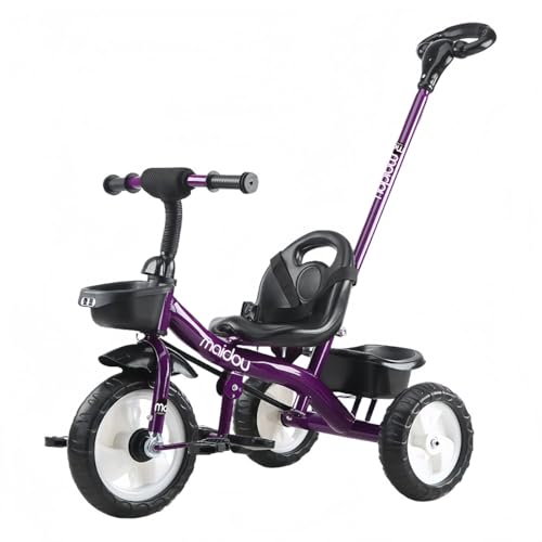 VZX子供用三輪車、プッシュレバー付き三輪車、ハンドプッシュ、安全レバー、シートベルト付き乗用玩具。組み立てが簡単で、屋外と屋内の両方で使用できます (紫,手押しタイプ軽量発泡ホイール)