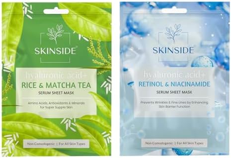 SkinSide Serum Sheet Mask for Glowing Skin with Hyaluronic Acid | Face Mask Sheets Combo for | Hydrating | Tan & Blackheads Removal | Instant Brightening | Pore Reduction | Fairness | Skin Tightening (2, Rice & Matcha Tea | Retinol & Niacinamide)