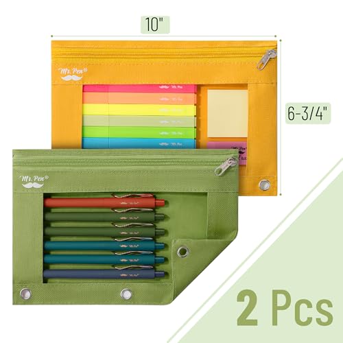 Image of Mr. Pen- Pencil Pouch for 3 Ring Binder, 2 Pack, 10 inchx6.75 inch, Smooth Zipper | Clear Window, Large Capacity Pencil Case with 3 Reinforced Grommets for School, Office, Supplies Storage | Clear Window, Large Capacity Pencil Case with 3 Reinforced Grommets for School, Office, Supplies Storage