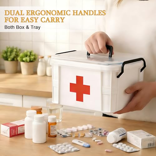 Image of 2 Pack Clear Medicine Organizer Box with Handle, Plastic Medicine Container with Tray First Aid Box Empty, Thickened Medicine Storage Organizer Multipurpose Medication Organizer Storage, White