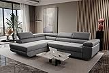 TECHNISCHE DATEN: Ecksofa Links, Abmessungen: Breite: 277 cm, Höhe: 89 cm, Tiefe: 203 cm, Hat eine Schlaffunktion, Liegefläche: 130 cm x 200 cm, Mit Bettkasten, Eckseiten: links und rechts, Chromfüße 9 cm, Drei verstellbare Kopfstützen, Wellenfeder, Farbe: Anthrazit, Hergestellt in EU