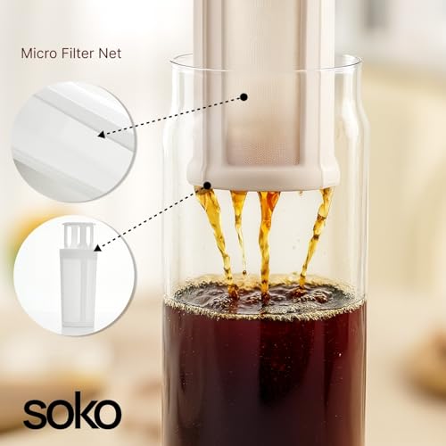 Image of Soko Cold Brew, Iced Coffee & Hot Tea Maker | Borosilicate Glass Bottle with Removable Mesh Filter | Airtight Seal Pot | Dishwasher Safe Kettle for Beverages Infuser - Kitchen, Office, Cafe - White