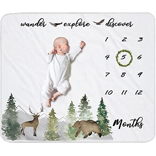 Image of Baby Monthly Milestone Blanket for Boys & Girls | Soft Months Picture Blanket for Newborns | Woodland Forest Nursery Decor | Photo Prop Blankets Gender Neutral 45"x40"