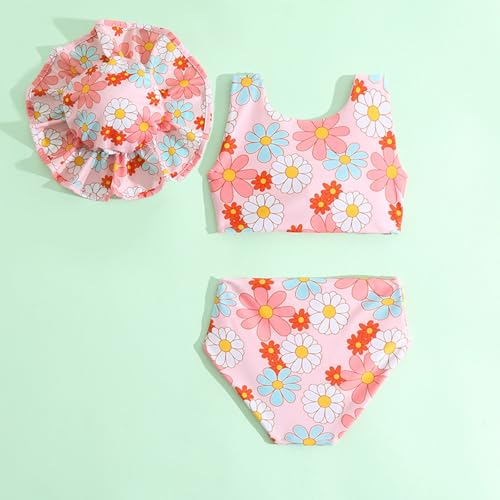 Bikini para niñas reversible de cintura alta con lazo y sombrero para el sol 4