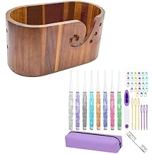 Hobekoee 8PCS Inline Crochet Hooks Set with Large Wooden Yarn Bowl for Crocheting,Acacia Yarn Storage Crochet Bowl Gift for Crocheters