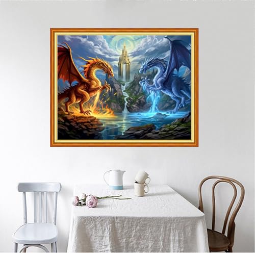 Image of Foxhool Beginners Cross Stitch Kits Stamped Full Range of Embroidery Kits for Adults DIY Cross Stitches kit Embroidery Patterns for Needlepoint kit-Water Fire Dragon 16x20 inch