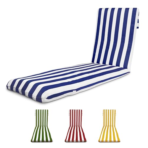 TIENDA EURASIA - Cojín para Tumbona de Jardín, Relleno de Fibra Acolchada, Funda de Tela Lavable con Cremallera, Medida 180x50x5 cm, Diseño de Rayas, Cintas y Capucha de Sujeción (Azul Marino)