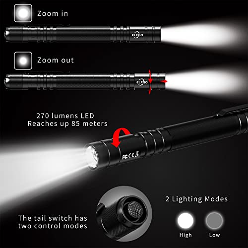 Elfgo 270 Lumens Led Pen Light, Zoomable Penlight Flashlight, Pocket Size Clip Flashlight Small Mini Handheld Slim Flashlight For Nurse, Medical, Inspection, Repair, Engineer, Doctor #TOP1