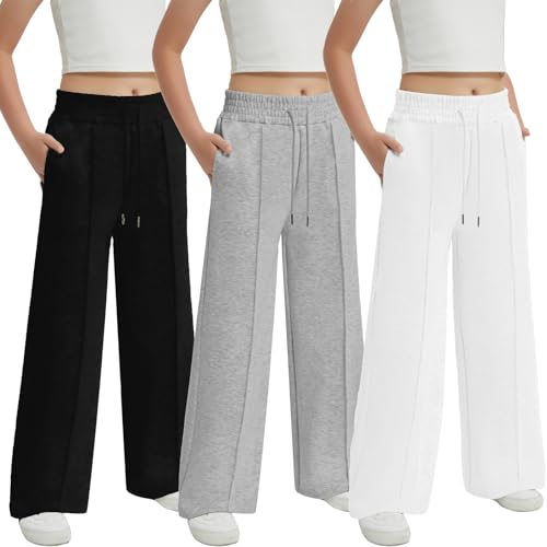 EXARUS Girls Sweatpants Front Seam Drawstring High Waist Wide Leg Sweat Pants Baggy Causal Kids High Waisted 6-14Y