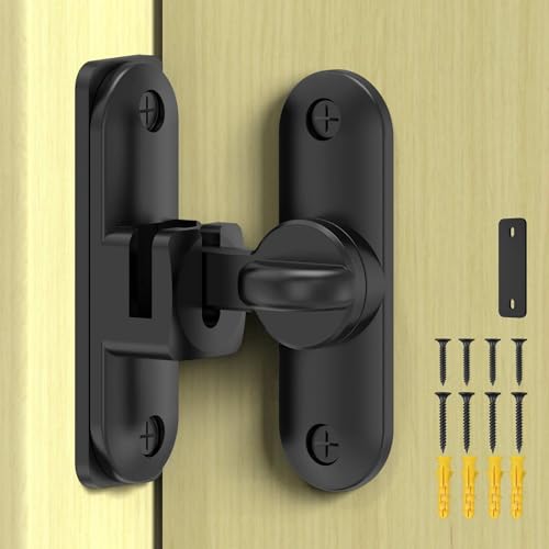 Barn Door Lock – Small 90/180 Degree Flip Sliding Door Latch Heavy Duty Bar Gate Latches Safety Slide Lock for Bathroom, Garden, Bedroom, Cabinet (Black-1Pack)