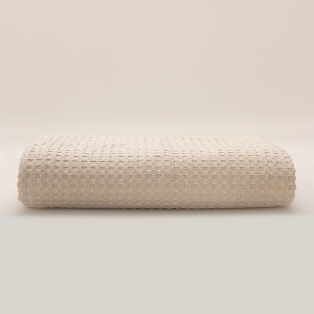 Colcha Beige para Camas 180/200 - 280 x 260 cm - Elegante patrón de Waffle - 100% Algodón Prelavado