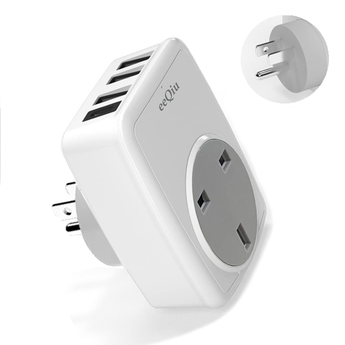 UK to US Plug Adaptor with 3 USB and 1 USB C Ports, eeQiu US travel