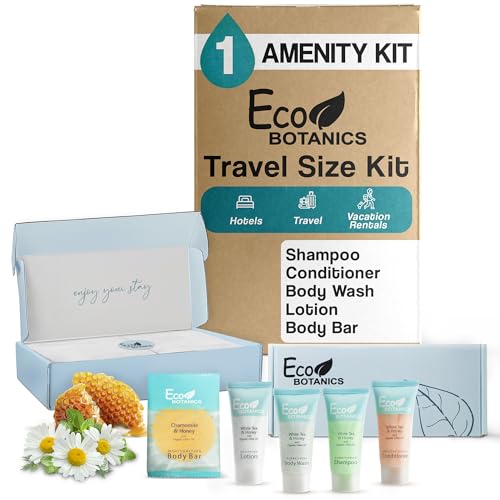 Eco Botanics Amenity Kit | Hotel Bulk Toiletries | 0.85 oz Shampoo, Conditioner, Lotion, Body Wash, Body Bar Soap for Guest Hospitality Vacation Rentals| 1 Set/Case