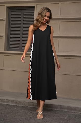 utcoco Women's Summer Beach Boho Flowy Maxi Dress Casual Sleeveless V Neck Side Slit RIC Rac Tank Dress4