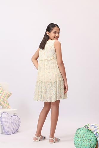 Image of Kids Girls Printed Embroidered Fusion Dress | Handmade Crafted Designer Ethnic Wear | 100% Cotton