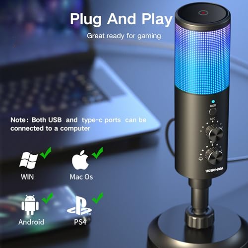 HOSONGIN Microfone USB para PC, microfone condensador cardioide com modos RGB ajustáveis e brilho, m