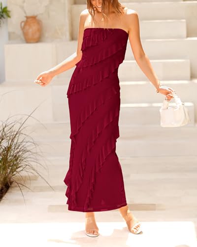 BTFBM Women Summer Elegant Strapless Midi Ruched Bodycon Dress Solid Color Stretch Mesh Slim Party Cocktail Dresses