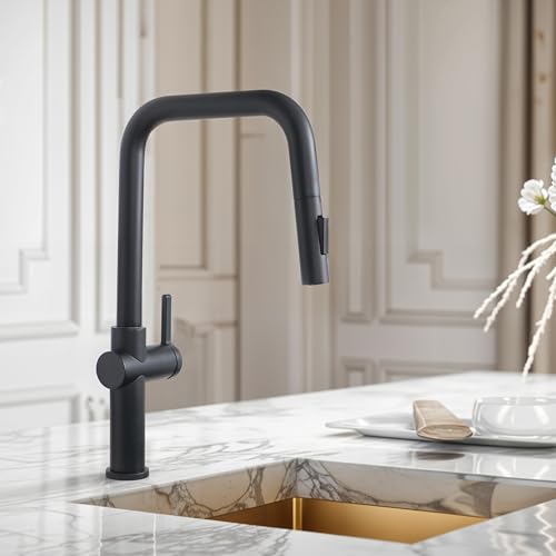 Image of Ruhe Opulo Dual Flow Pull-Out Kitchen Mixer Faucet - Matte Black | 360 Swivel | Hot & Cold Water Faucet | Single Lever Tap | Table Mounted Kitchen Sink Tap