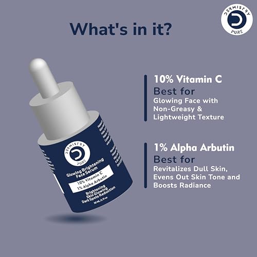 Image of Dermistry Pure 10% Vitamin C Face Serum with 1% Alpha Arbutin for Skin Lightening Brightening Glowing & Even Skin Tone Pigmentation Dark Spots Tan Removal for Men & Women Day Night Use 30ml