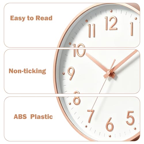 Image of Mosewa Wall Clock 12 Inch, Battery Operated Silent Non-Ticking Modern Analog Clock Decorative for Kitchen, Bedroom, Office, Living Room(Rose Gold)