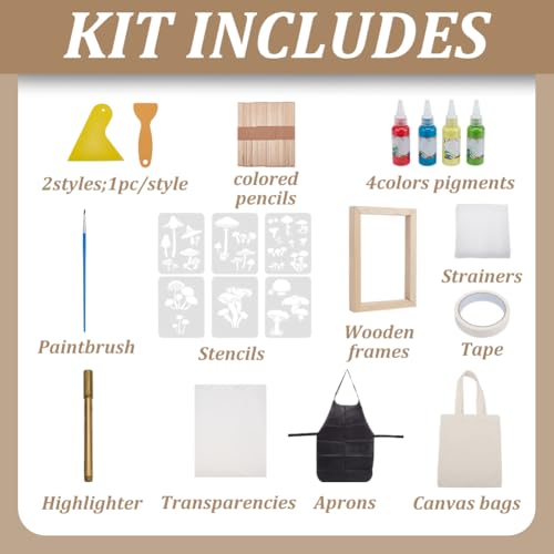 WEBEEDY 21-teiliges DIY Siebdruck Set Pilz Thema - Holz Siebdruckrahmen, Schablonen, Werkzeuge - Starter Set mit Anleitung für Erwachsene