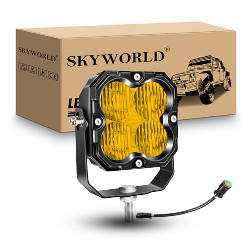 SKYWORLD Faro de trabajo, 4.3 pulgadas 30W 2500 LM Flood lámpara de trabajo foco led 12V 24V impermeable para off road todoterreno camión coche ATV 4x4 moto tractor, 3500K Amarillo faros antiniebla